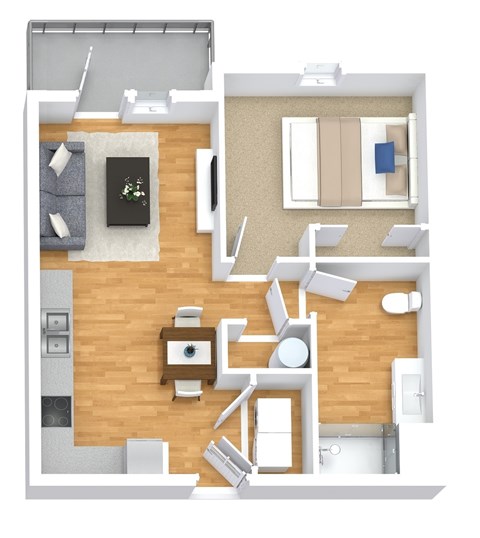 Floor plan for 1 bed, 1 bath, 648 sqft